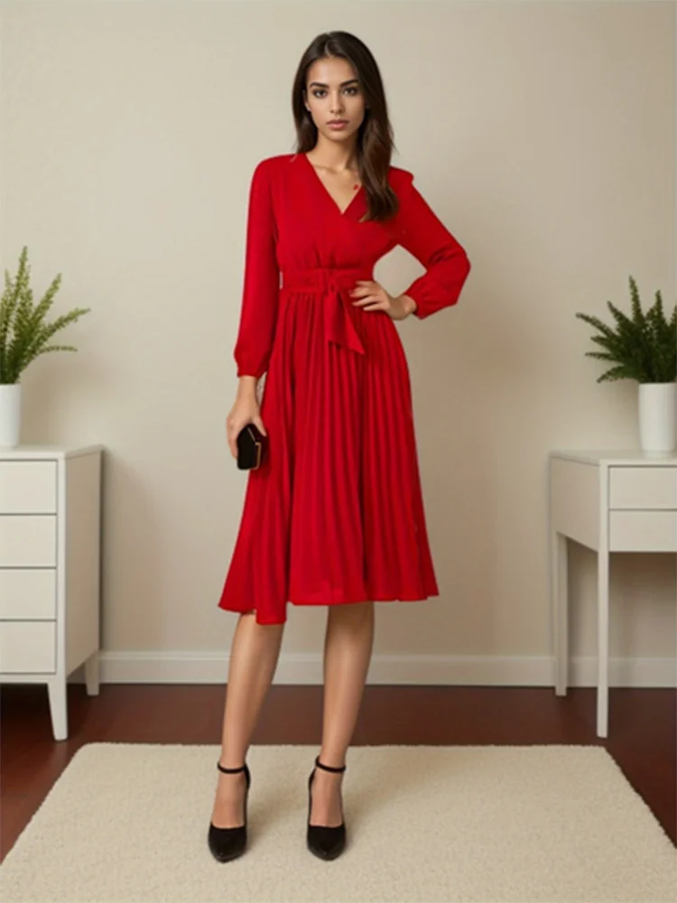 European and American Plus Size Sexy V-Neck Pleated Party Dress Women Elegant with Belt Long Sleeve Robe Femme Red Maxi Vestido