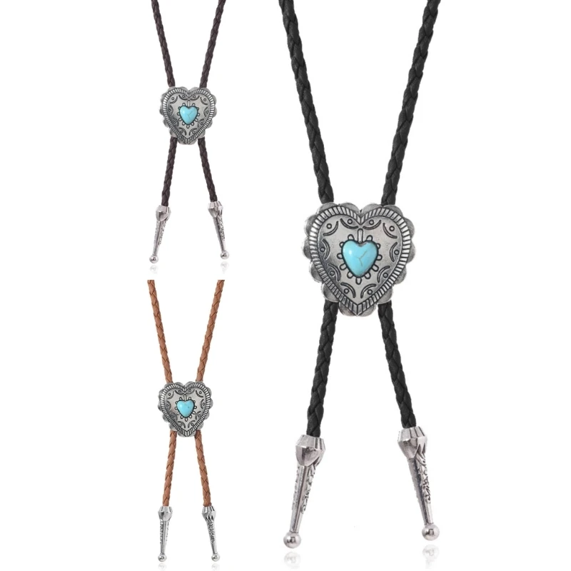 Pack of 3 Metal Heart Stone Bolo Tie for Cowboy Vest and Shirt Jewelry Necklace for Unisex Western Leather Cord Necktie