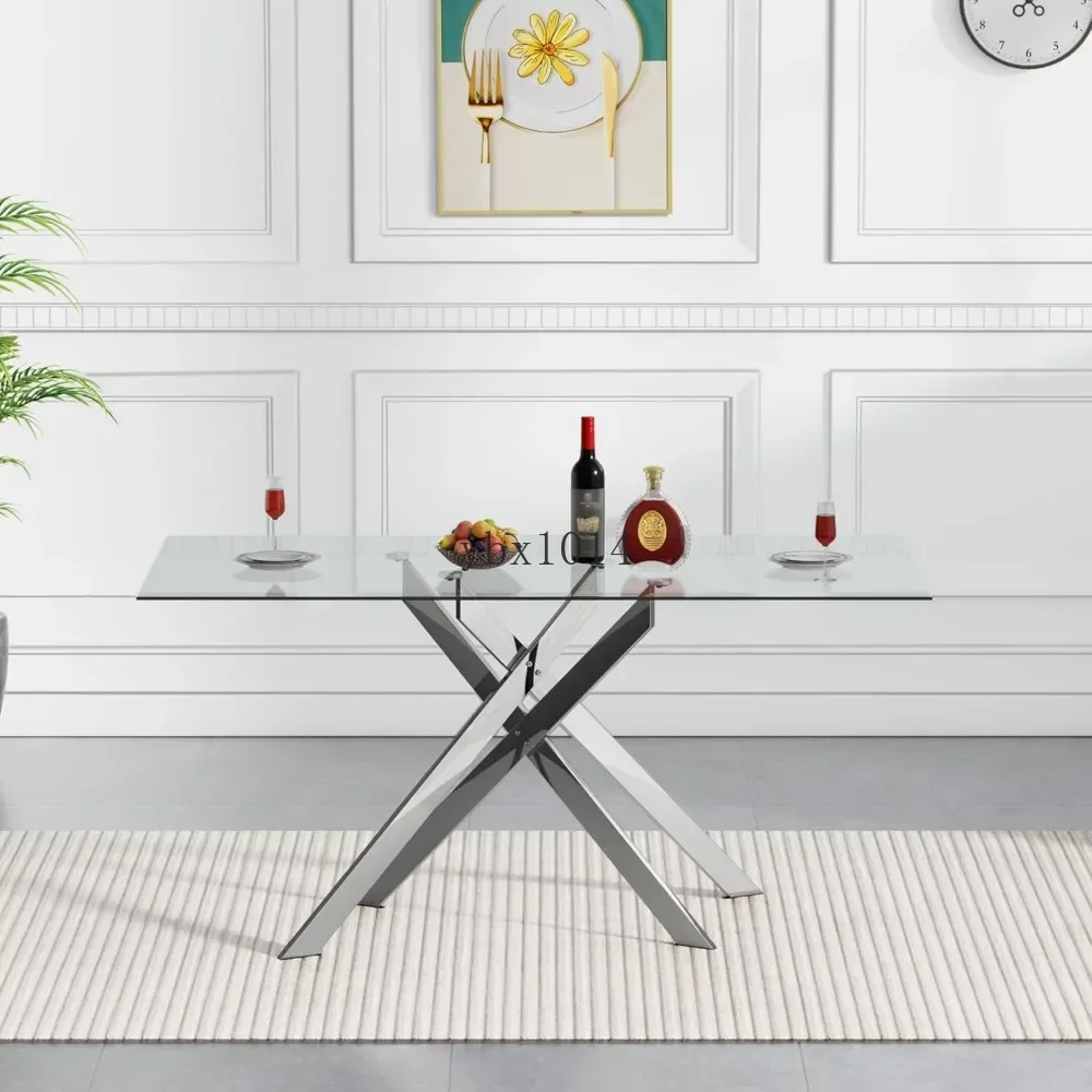 5 Piece Glass Dining Table Set, 51" Rectangular Glass Table and 4 Velvet Upholstered Chairs, Glass Dining Table Set for 4