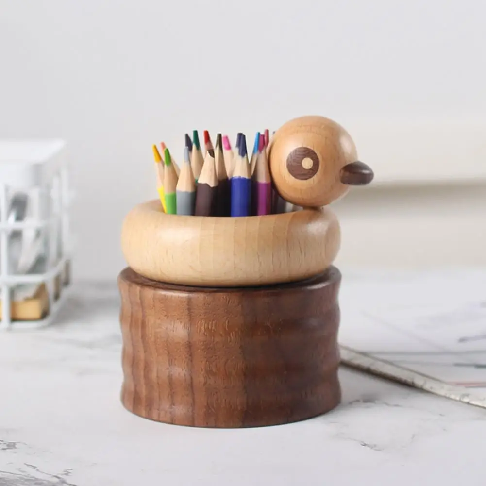 

Hedgehog Penholder Creative Modeling Adorable Appearance Wood Duck Shaped Pen Stationery Container Desk Decoration for Office