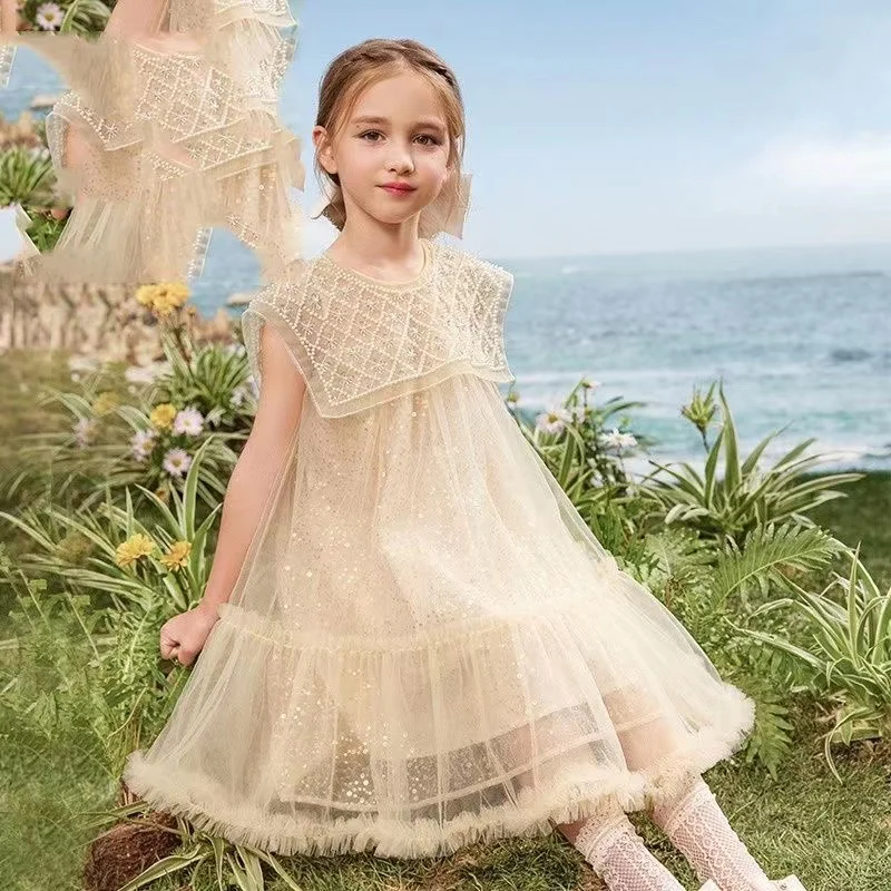 Girls Skirt 2024 New Summer Dress Fashion Beaded Tank Top Dress Children\'s Little Girl Princess Dress Girl Baby Beaded Dress