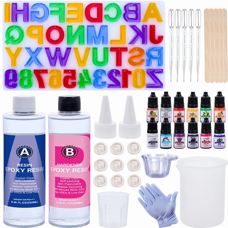 Epoxy Resin Kit for Beginner,Crystal Clear Epoxy Resin with Letter Silicone Mold for Jewelry Making Diy Keychain Resin Art Craft