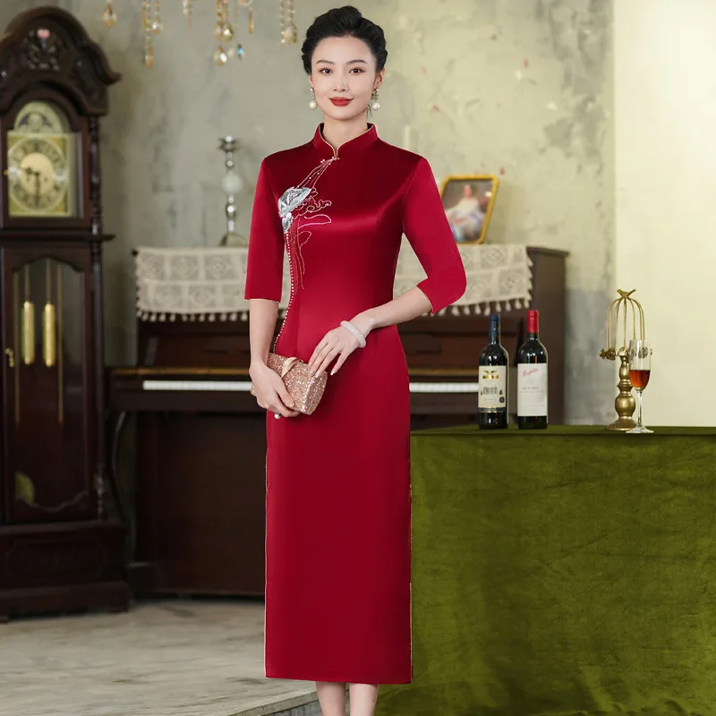 Yourqipao Chinese Traditional Qipao Short-sleeved Long Cheongsam 2024 Mother Of The Bride Prom Dress Wedding Guest Dress