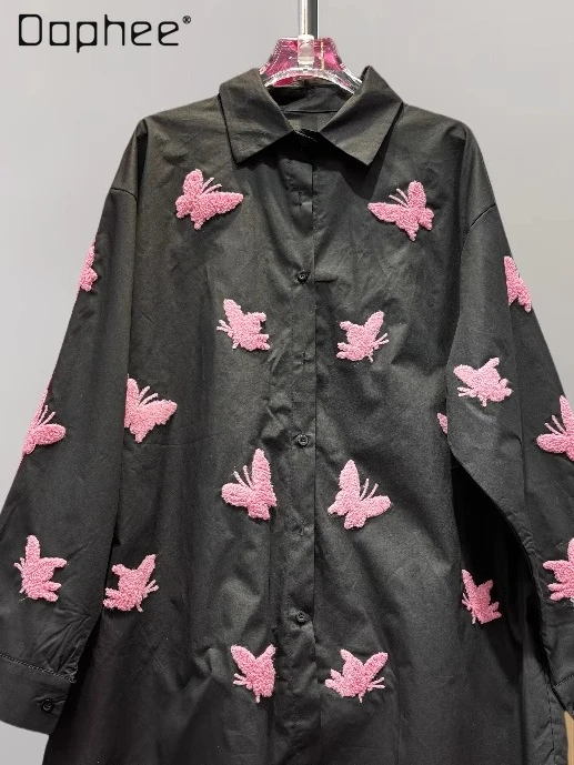 

Autumn New Casual Fashion Versatile Long Sleeve Shirt 3D Butterfly Embroidery Turn-down Collar Loose Slim Oversized Shirt Women