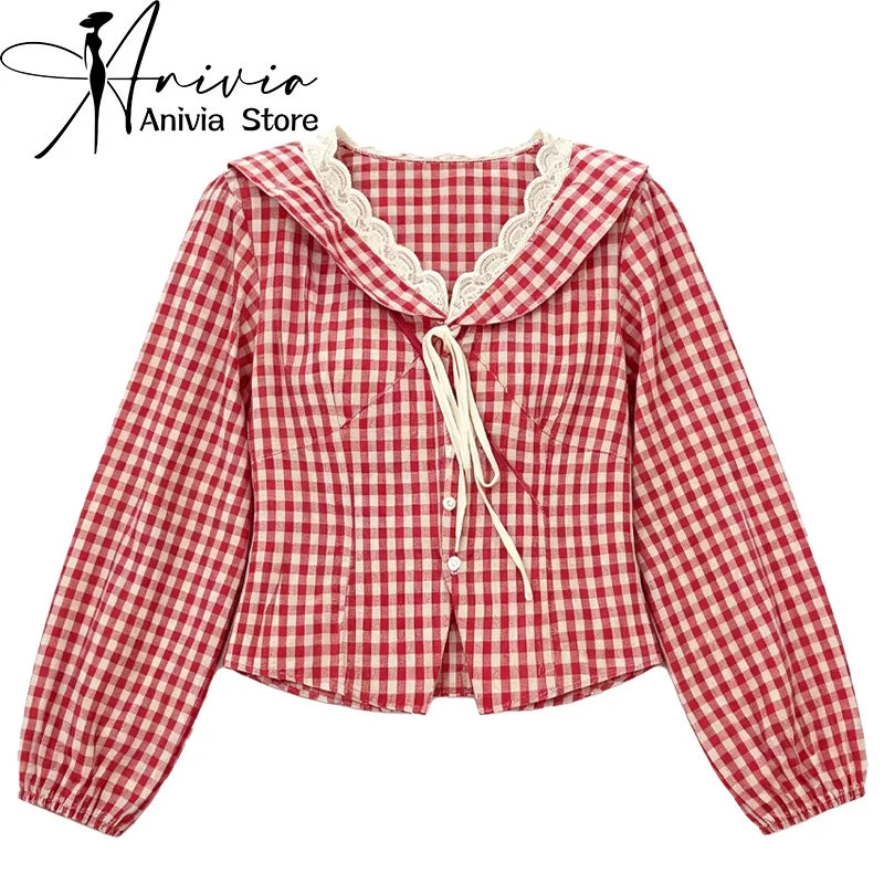 Женская розовая кружевная сетчатая рубашка с воротником и длинными рукавами в стиле Y2K Харадзюку, милая, в стиле 2000-х, школьная, ретро, повседневная, топ, одежда 90-х, 2026