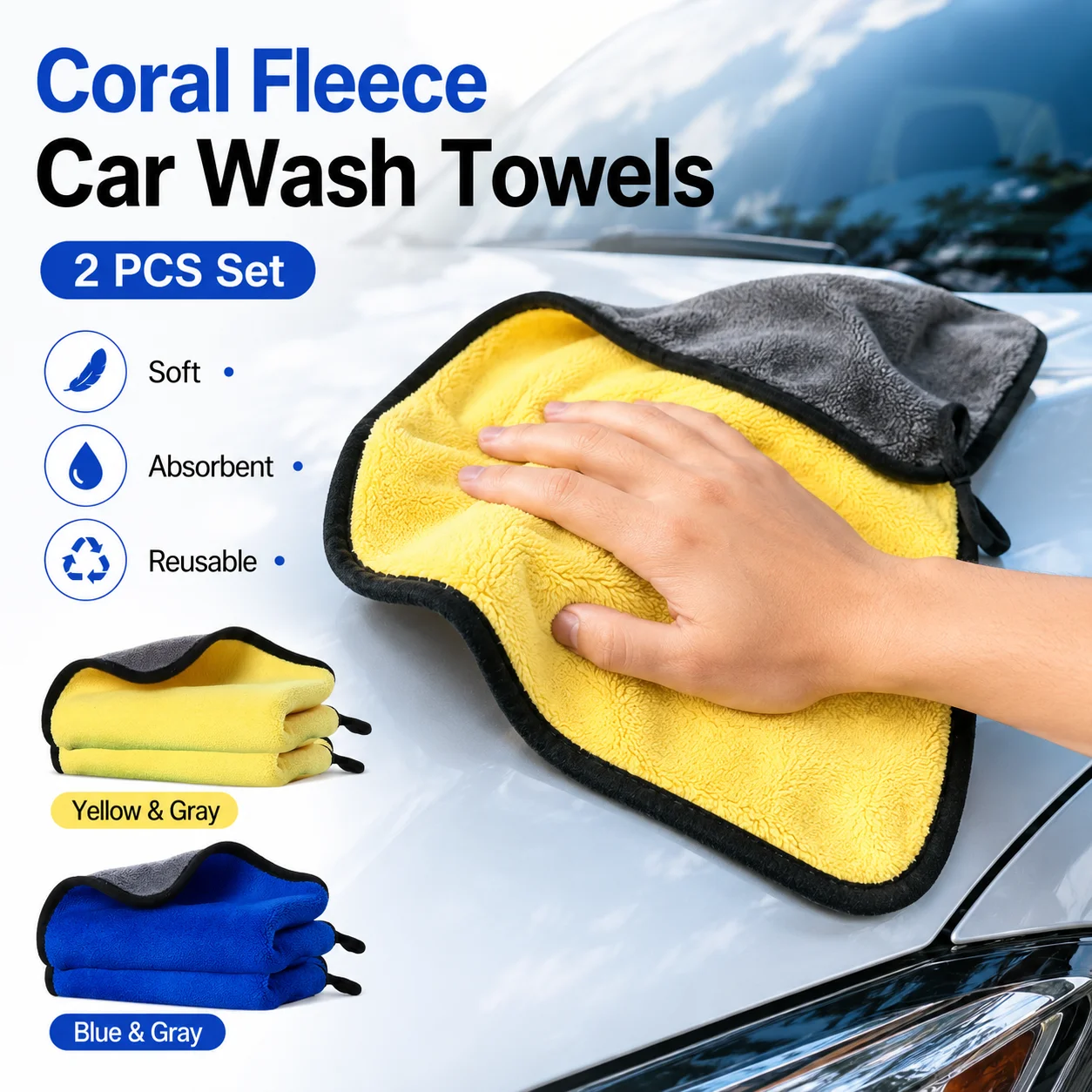 2PCS 800GSM Microfiber Car Drying Towel Double Sided Cleaning Cloth for Auto Window Mirror Home