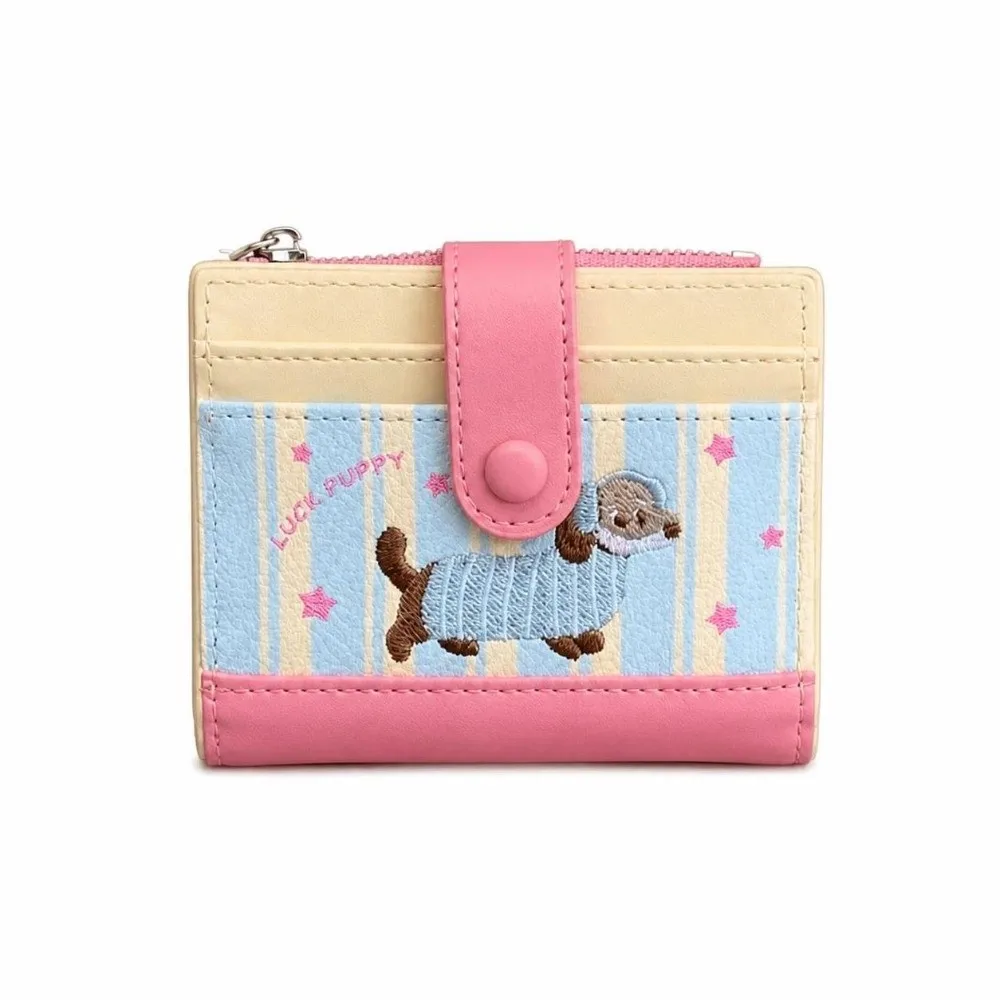 Korean Style Dachshund Printing Short Wallet Zipper Dopamine Color Coin Purse PU Cartoon Dog Small Item Bag Women Girl