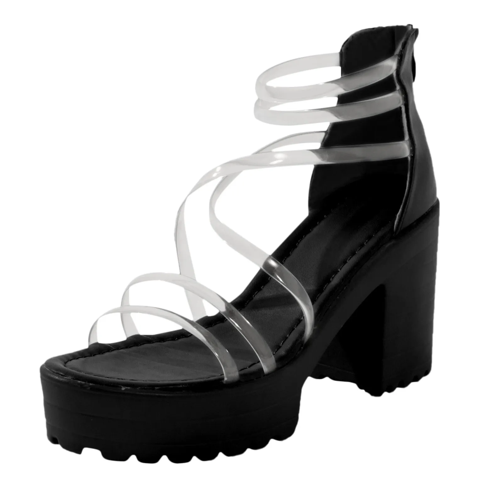 Sandalias con plataforma de Pvc para mujer, zapatos de tacón alto grueso con cremallera trasera, punta redonda, para vestido de fiesta, 2024