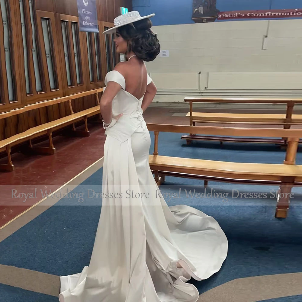Ivory Satin Mermaid Wedding Dress Off The Shoulder Beading Wedding Gowns for Brides Back Zipper Bridal Gown With Train — 2