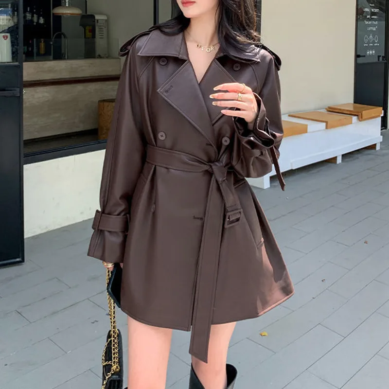 Women Leather Jacket with Belt 2025 New Korean Edition Fashion PU Leather Single Breaste Autumn Leather Windbreaker Brown Coat