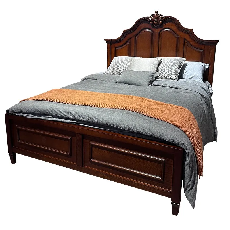 

American retro style solid wood bed, high-end villa double leather soft bag bed