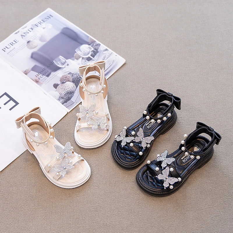 Summer Kids Rhinestone Pearl Sandals Princess Bowknot Girls Causal Shoes Soft High-top Children Roman Sandals School Daily Wear