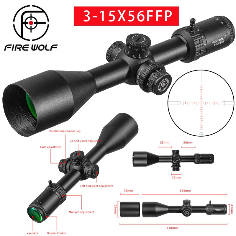 

FIRE WOLF 3-15X56 FFP First Focal Plane Scope Tactical Riflescope With Illumination For Long Range Shooting Hunting Fit .338