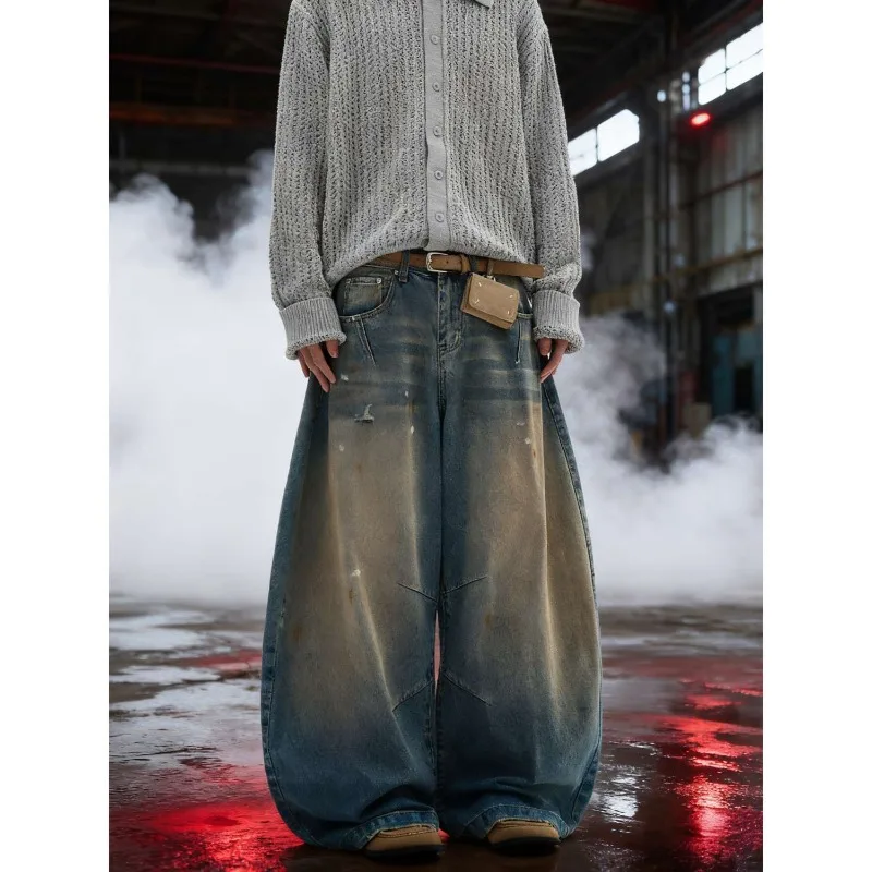 Niche Design Men's Denim Pants Graffiti Contrast Color Washing Trousers Wide Leg Deconstruction Male Jeans Trendy