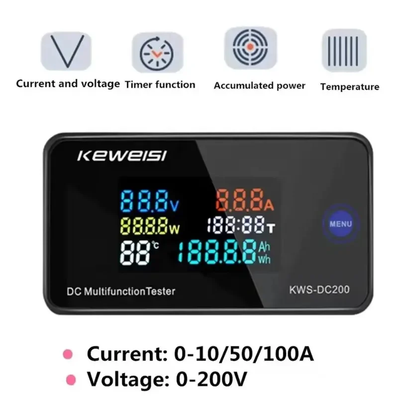 DC200 Digital Voltmeter KWS 50A/100A DC Power Monitor LED Color Display Voltmeter Ammeter Wattmeter Current Voltage Power Tester