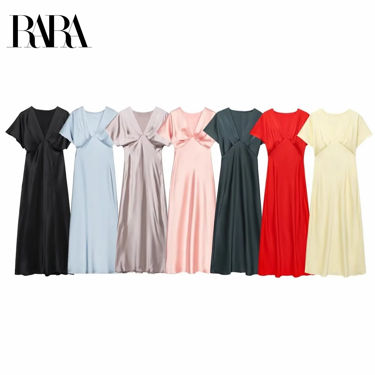 

RARA Womens Multi Color Options Summer New V Neck Raglan Sleeve Satin Feel Casual Elegant Mid Length Dress