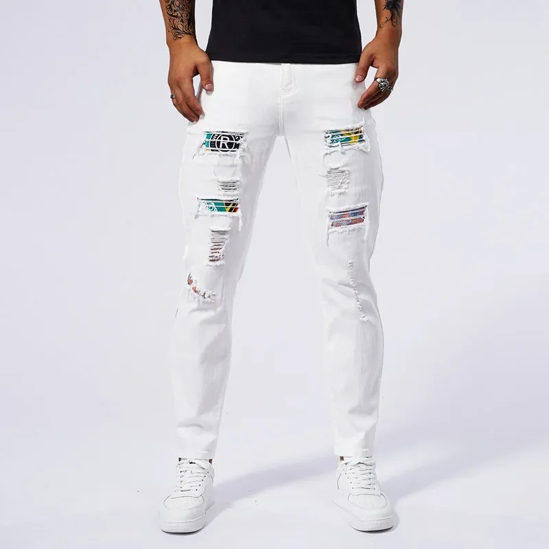 New Ripped Slim Jeans Men White 97% Cotton Patchwork Fashion Hole Elasticity Skinny Denim Trousers Male Streetwear