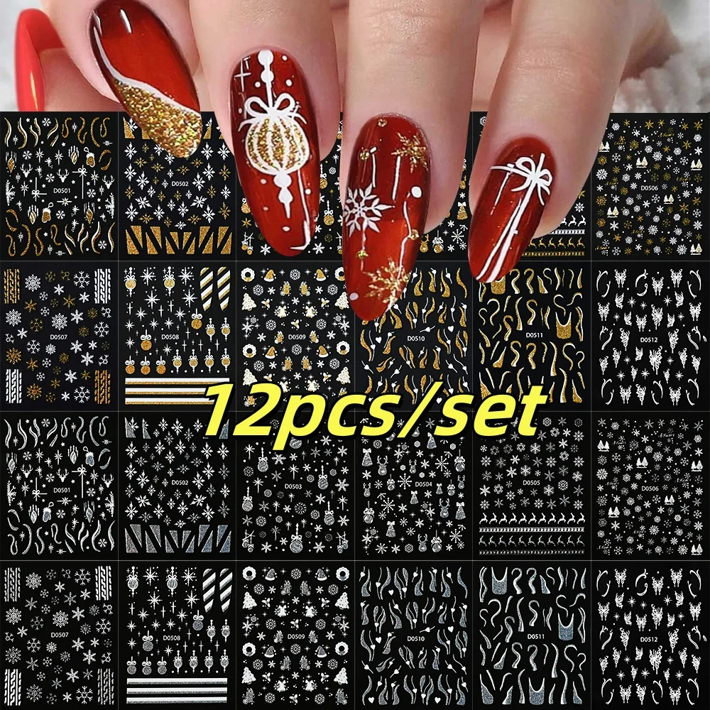 

12pcs 3D Glitter Christmas Snowman Nail Art Sticker Snowflake Green Leaves Self-Adhesive Winter Decals New Year Manicure Decor *