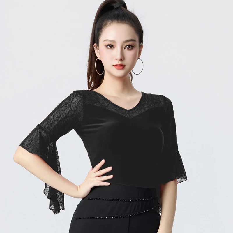 Haut de danse de salle de bal rouge 3 couleurs, haut de danse moderne Standard pour femmes, justaucorps de danse en dentelle, vêtements d'entraînement latin pour adultes, noir AMY2213