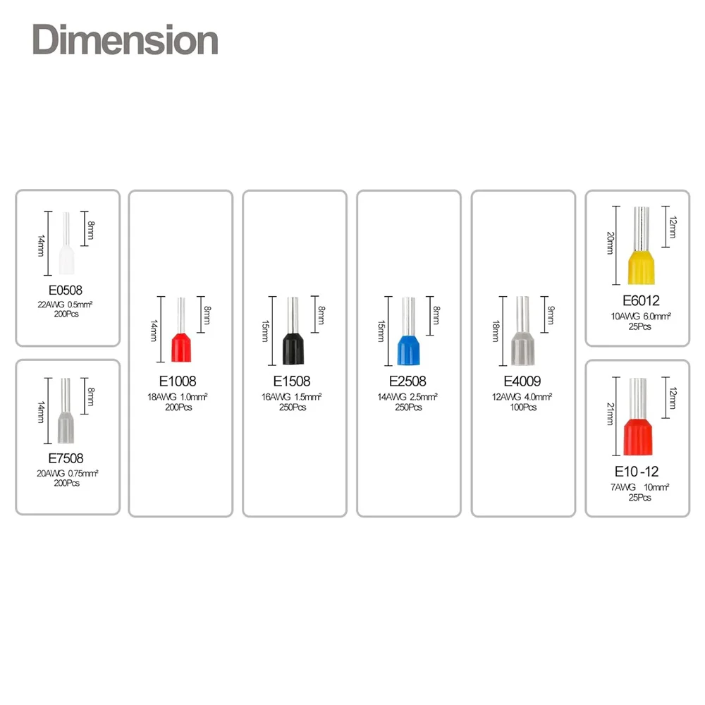 1250pcs Wire Copper Crimp Connector Kit AWG 22/20/18/16/14/12/10/8 Assorted Insulated Ferrule Pin Cord End Terminal Set White