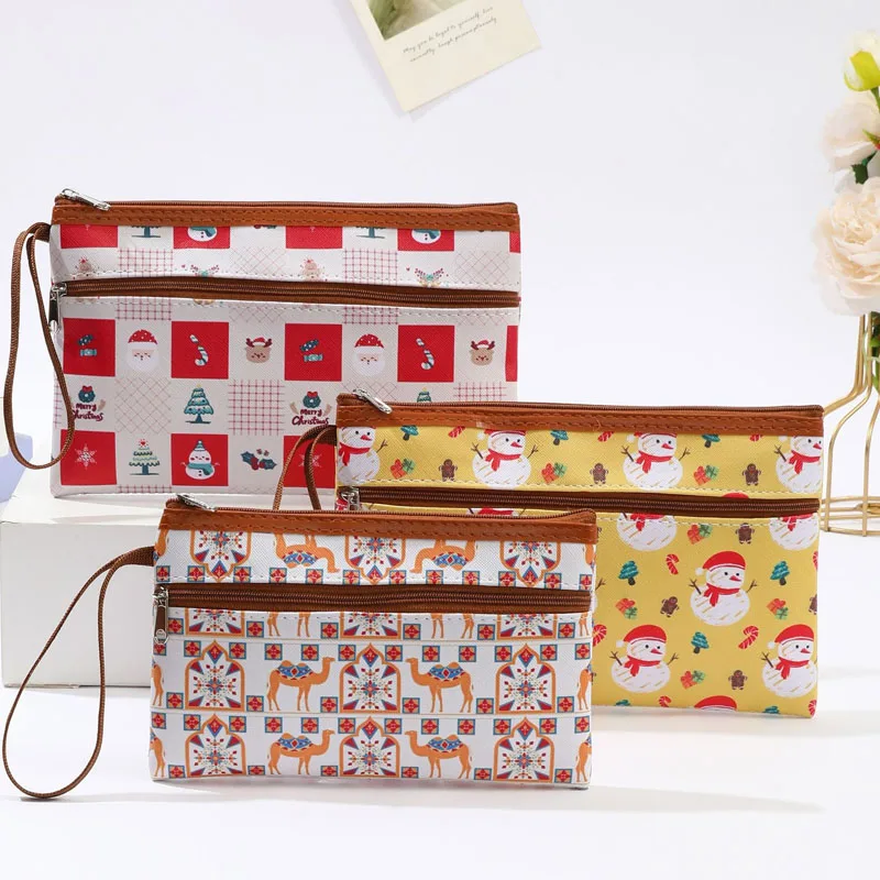 Christmas Print Double Zipper Wristlet Purse, Cartoon Snowman Pattern Canvas Cosmetic Bag, Portable Hand Strap Wallet, Travel Ma