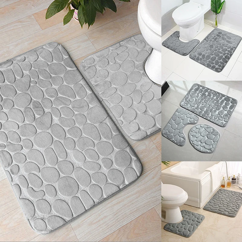 2PCS Bathroom Rug Mat Absorbent Non-Slip Bath Floor Mat Cobblestone Pattern Bathroom Rug Set Soft Bath Mat Plush Carpet