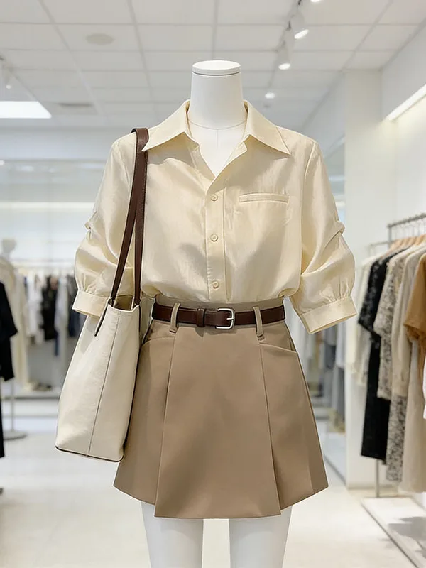 

plus Size Summer Outfit Women's Shirt Suit Short Pants Skirt Two Piece Set Versatile Casual High Waist Korean Style Fashion Set