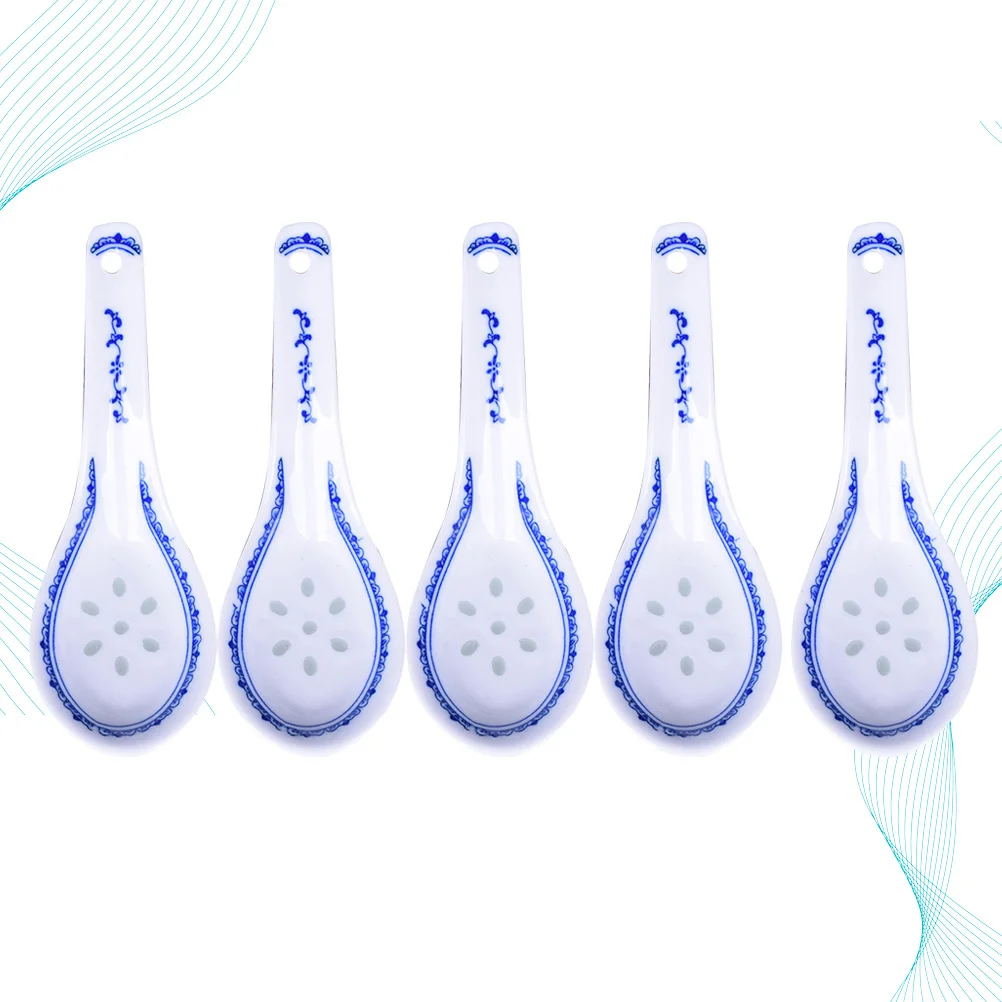 

5Pcs Blue and White Porcelain Spoon Ceramic Set Multipurpose Kitchen Utensil Soup Porridge Dessert Ramen Scoop Tableware