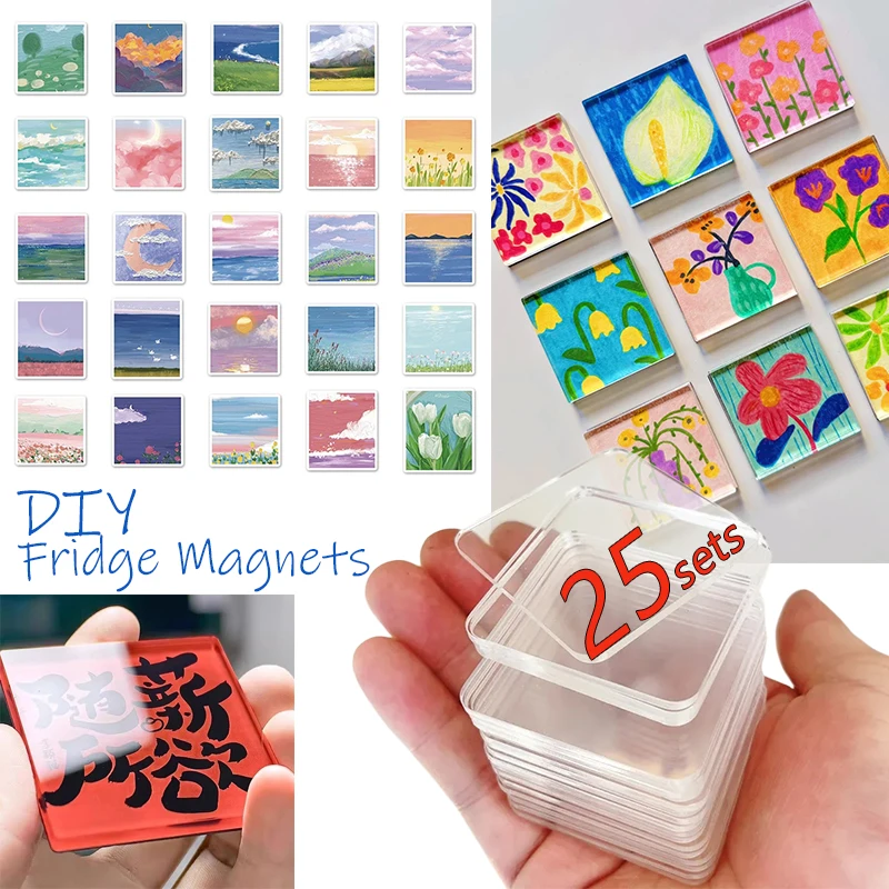 5~25Set DIY Refrigerator Magnet Transparent Acrylic Square Round with Magnetic Sheet Material Package Home Decor Gift for Kids
