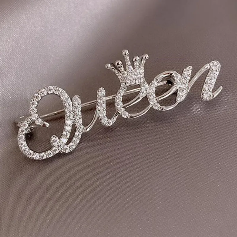 Trendy Queen Letter Inlaid Rhinestone Brooches for Women Simple Elegant Charm Casual Alloy Brooch Pins Dress Wedding Gifts