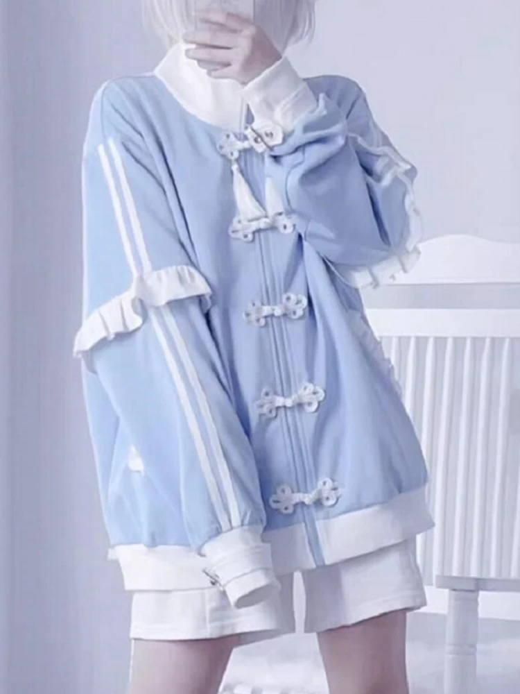 Fashion Japanese Y2k Sweatshirt Kawaii Jacket Harajuku Blue Detachable Sleeve Zip-Up Cutecore Jacket Loose 2000s Style Hoodies