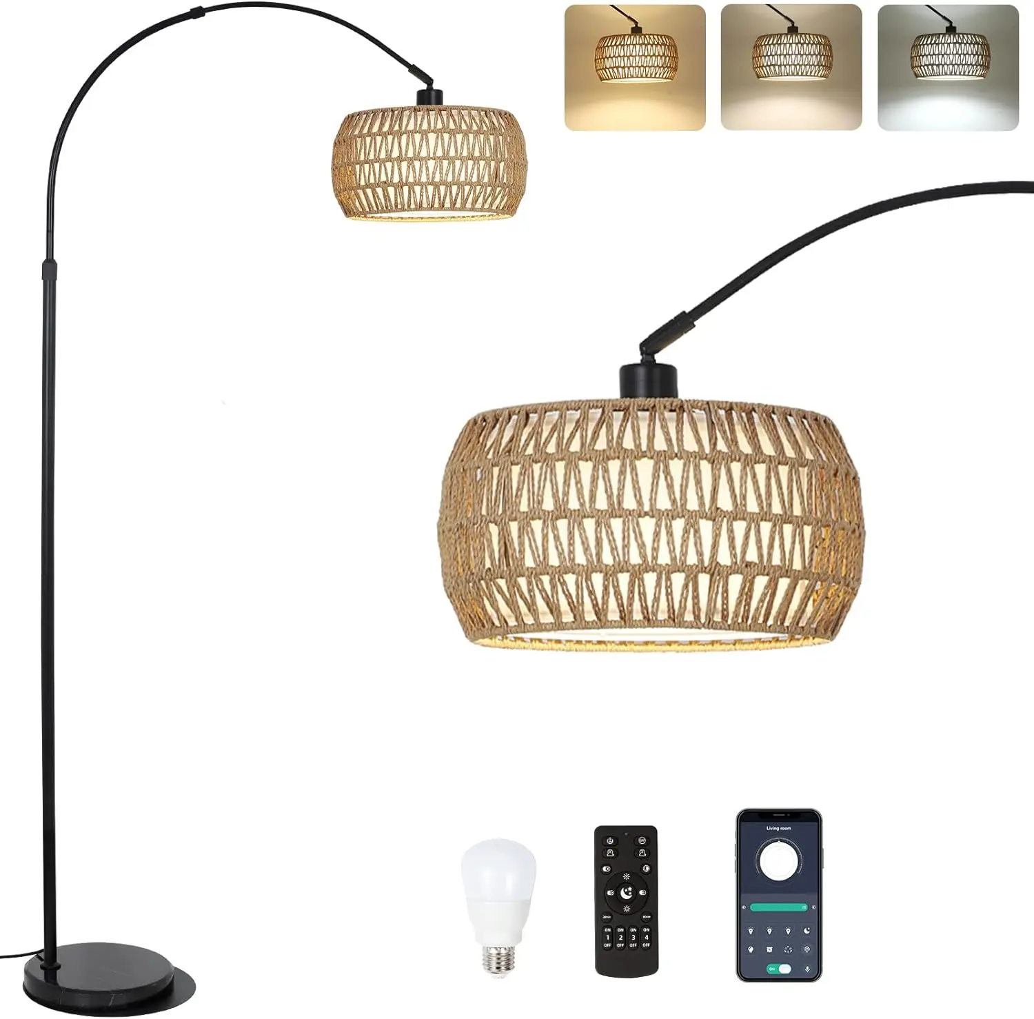 

Arc Floor Lamps For Living Room With 3 Color Temperatures, Black Standing Lamp With Remote & Dimmable Led Bulb, Rattan Boho