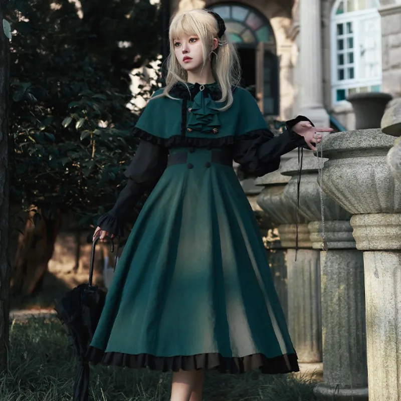 Black Green Contrasting OP Dress Cape 2-piece College Autumn Lolita Dress With Bow Tie