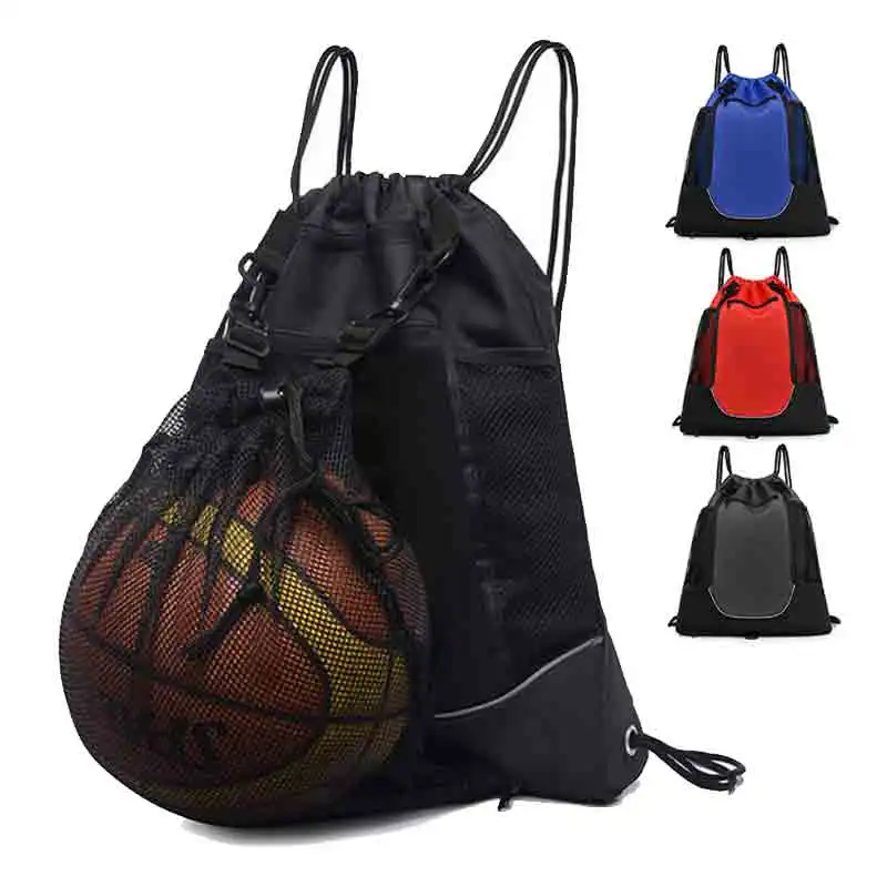 Mesh Volleyball Storage Pouch Portable Drawstring Basketball Shoulder Bag Elastic Removable Reflective Stripe for Outdoor Sports