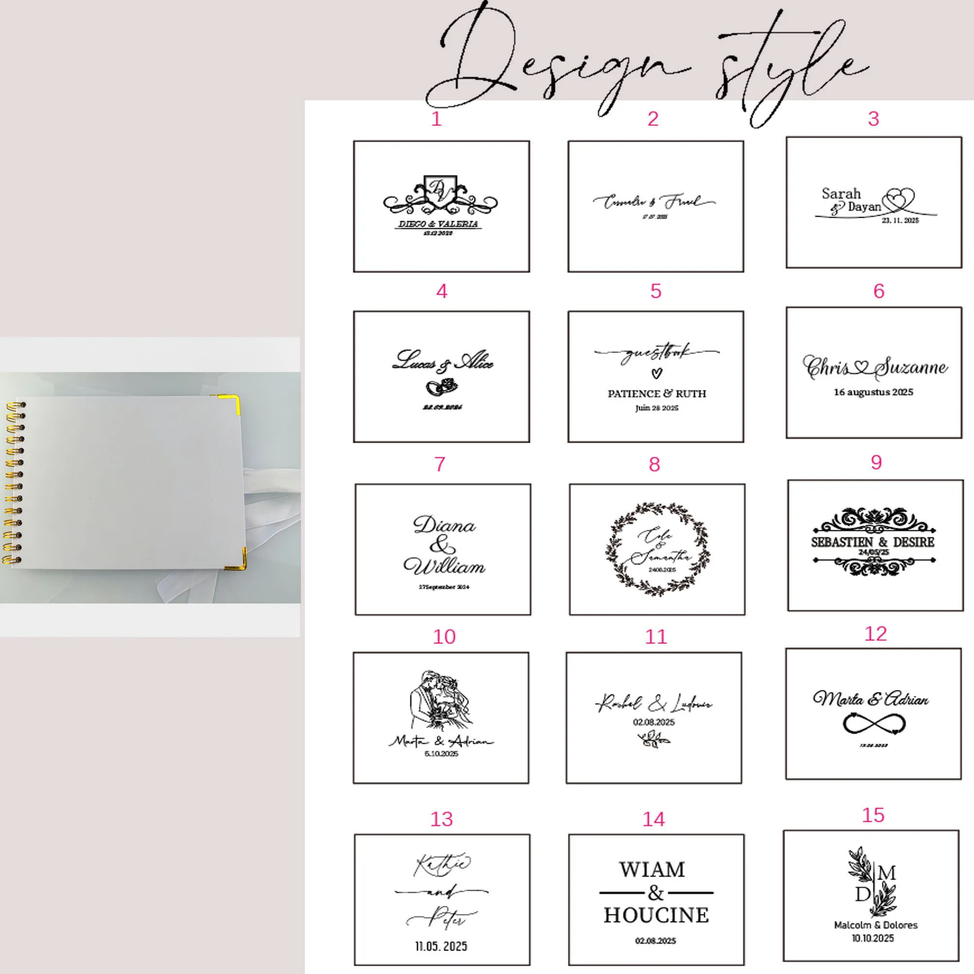 كتاب ضيوف مخصص لحفلات الزفاف باللون الأبيض/الوردي/الأخضر دفتر زوار مخصص للاستقبال مع شريط، كتاب توقيع الخطوبة المخصص #6