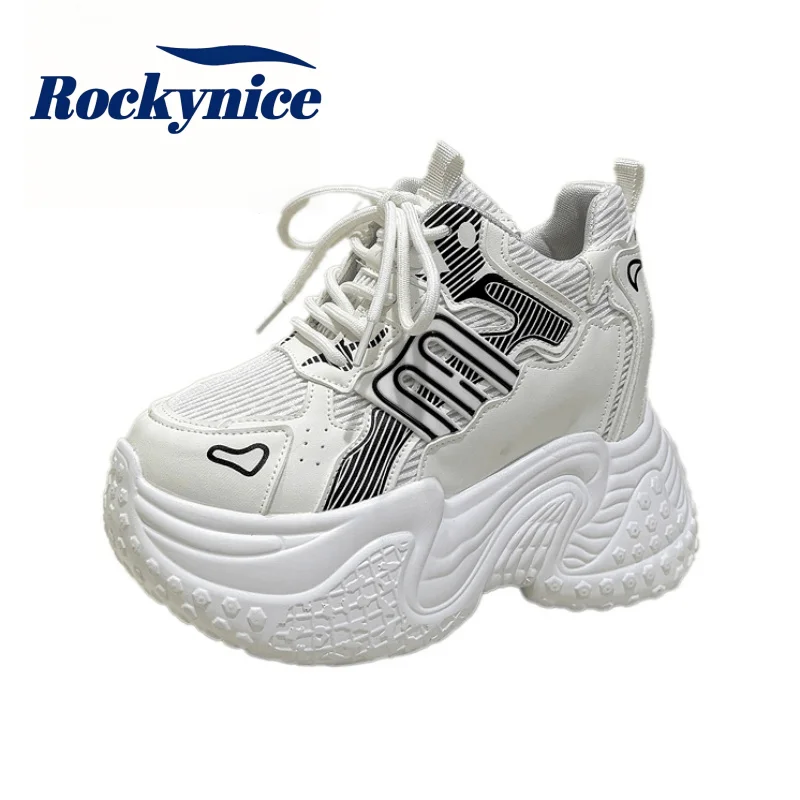 9.5CM New Autumn Breathable Mesh Casual Shoes for Women Lace Up Comfort High Platform Women Chunky Sneakers Zapatillas De Mujer