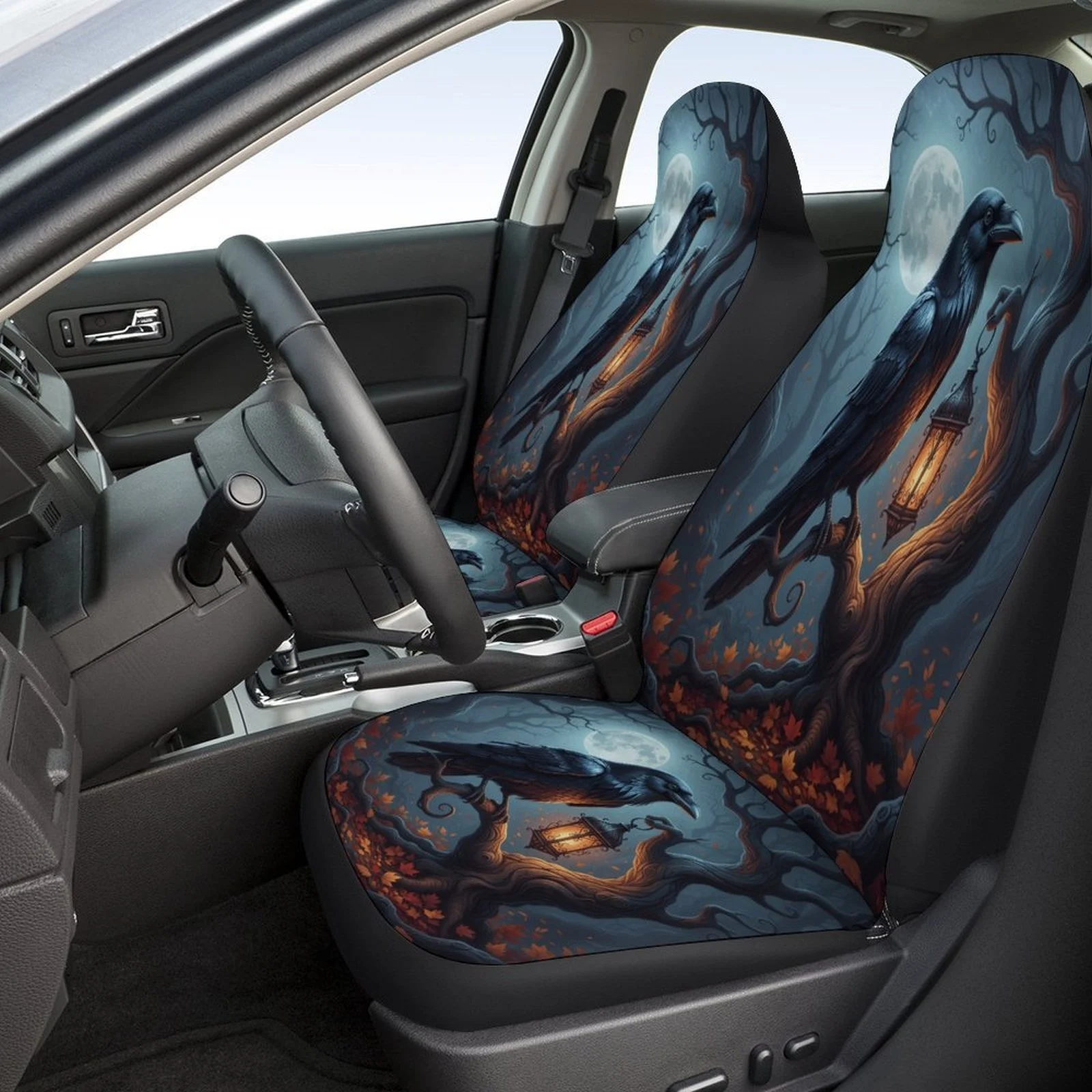 Moonlit Raven & Lantern Themed Car Seat Cover Set - Gothic Dark Fantasy Design With Crows & Lanterns, Fit For Most Cars, All-Sea