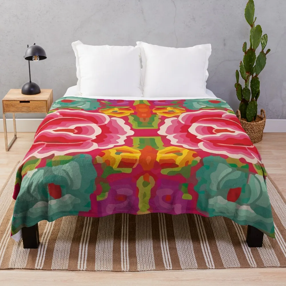 Tehuana Oaxaca Flower Embroidery bight mexican pink interior design Throw Blanket Plaid on the sofa