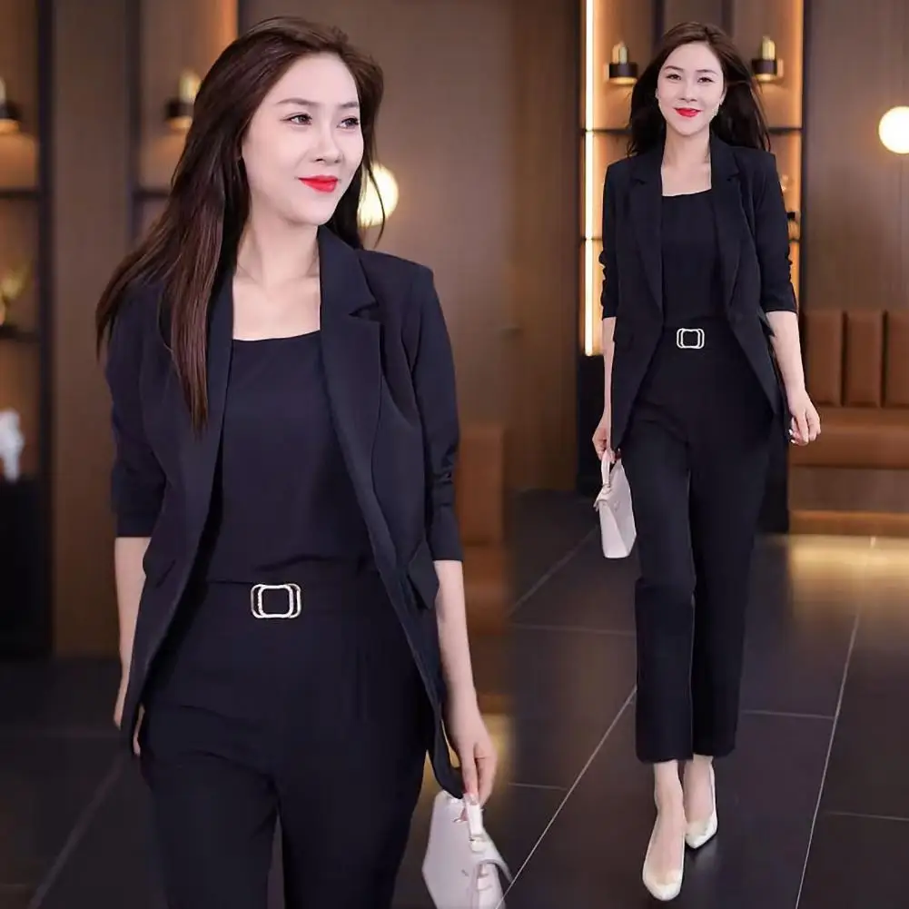 Women Ankle Length Pants Set Elegant Women\'s Business Suit Set with Vest Coat Pants Lapel Cardigan High Waist Pockets for Ol