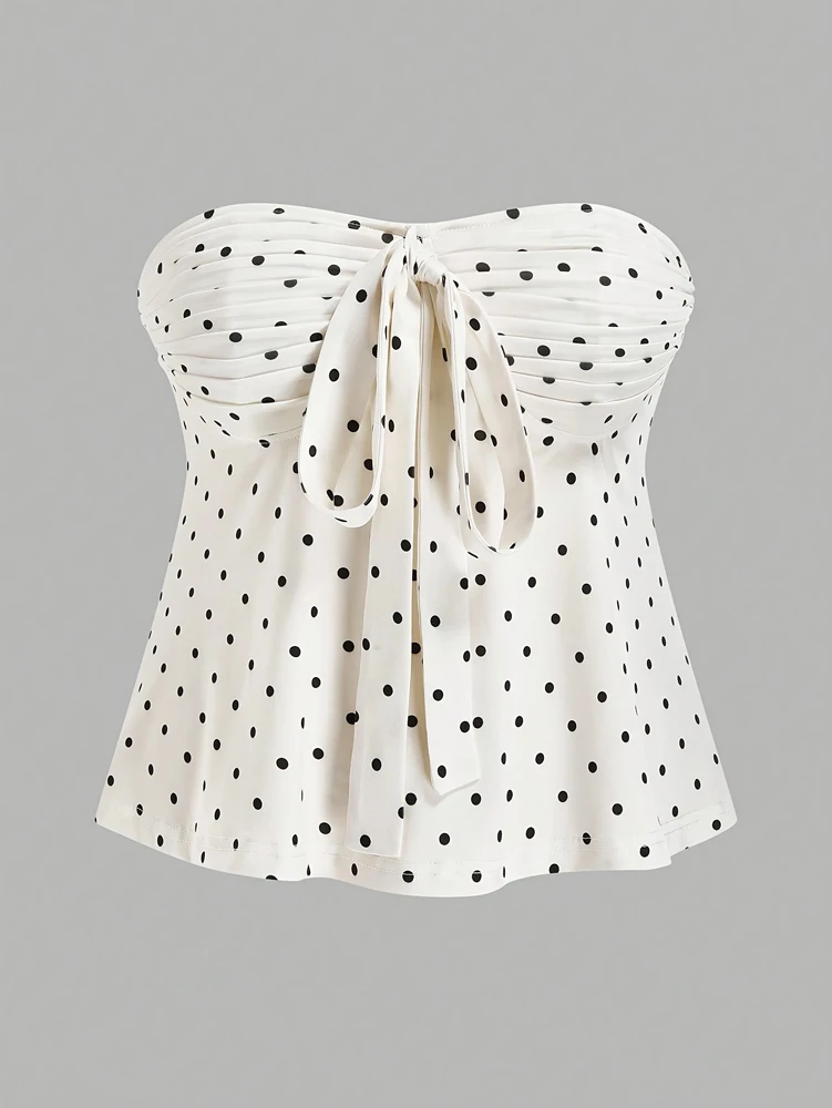 

Plus Size 2026 Spring/Fall New Arrival: Polka Dot Strapless Sleeveless Top—French Retro Style, Slimming T-Shirt