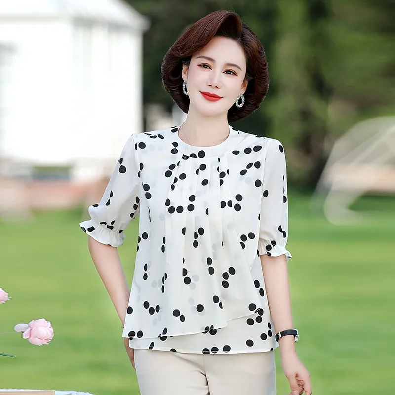 Fashion Commute Round Neck Polka Dot Chiffon Shirt Summer New Casual Korean FemaleSpliced Short sleeved Blouse Women\'s Clothing