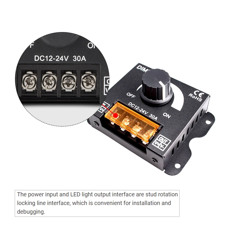 30A Rotary Dimmer Switch Regulator DC 12V 24V Iron Shell LED Knob Controller for Single Color 5050 2835 3014 Strip Light On Off