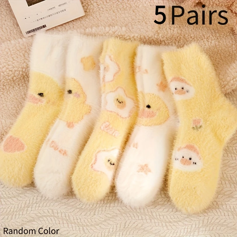 Cute Warm Fluffy Sleep Floor Socks for Autumn Winter Women Random Color Cartoon Duck Design Wear