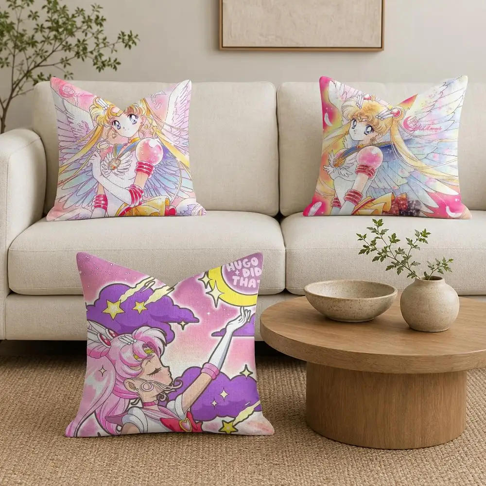 Magical Anime SAILOR M-MOON Cushion Cover Organic Natural Linen Pillowcase with Double Sided Print for Sofa Home Decor Gift
