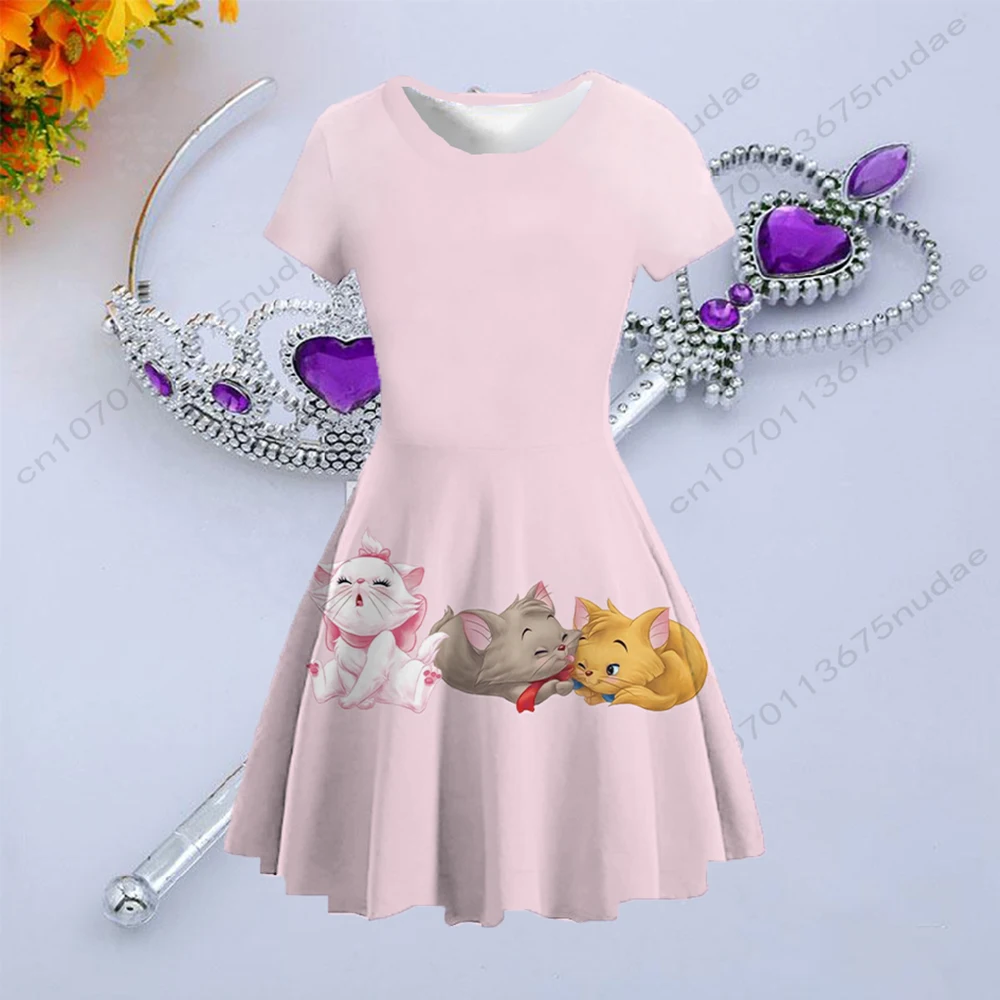 Mary cat print cute children's fun cartoon Disney sweet loose casual dress pink children's clothing pleated skirt