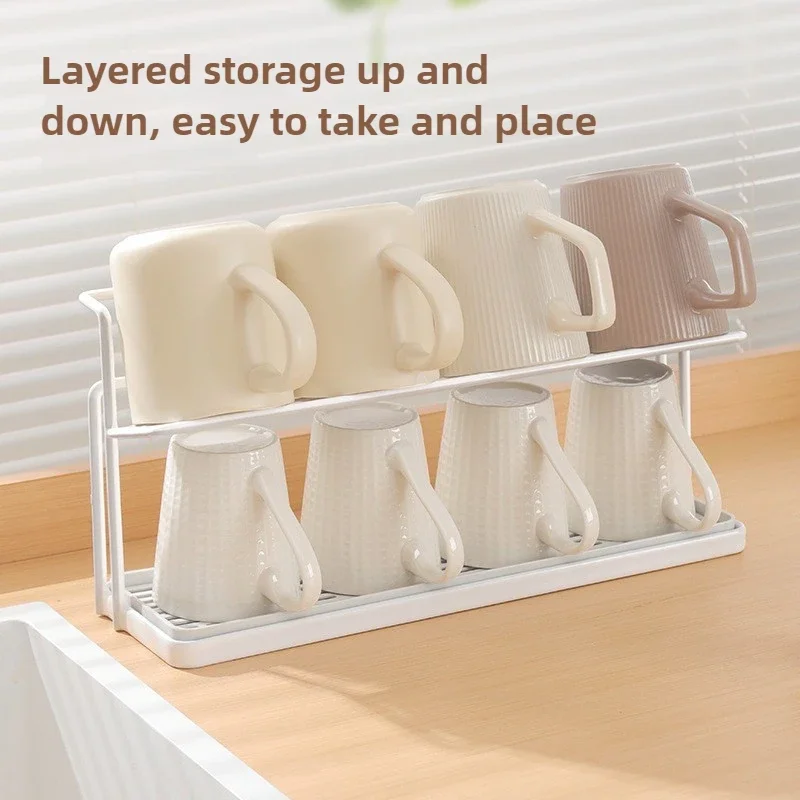 For Mugs Thermos Cups Kitchen Organizers and Storage Spaces Shelf 2 Layer Cup Organizer with Drain Tray Countertop Storage Rack