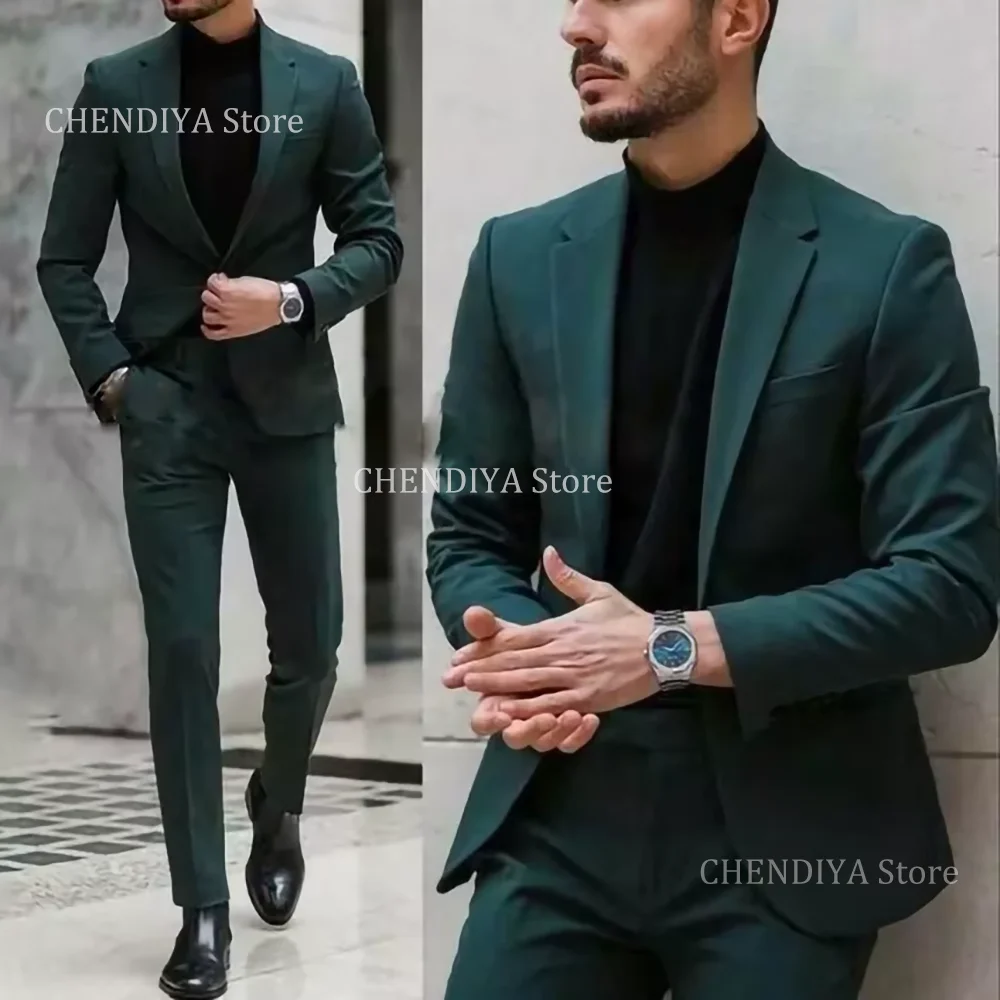 

Dark Green Men's Suits Notched Lapel Classic Single Breasted Elegant Slim Fit 2 Piece Jacket Pants Wedding Groom Costume Homme