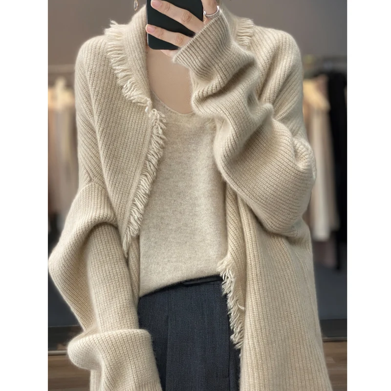 100% merino cashmere sweater women\'s sweater V-neck long sleeve solid color long loose coat cardigan women in autumn and winter