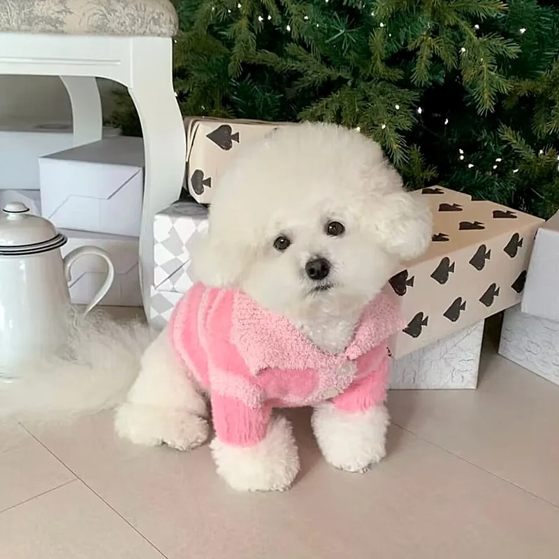 

Pink Striped Dog Clothes Pet Winter Sweater Teddy Yorkshire Warm Clothes Cat Small Dog Anti-Shedding Two Legs Clothes