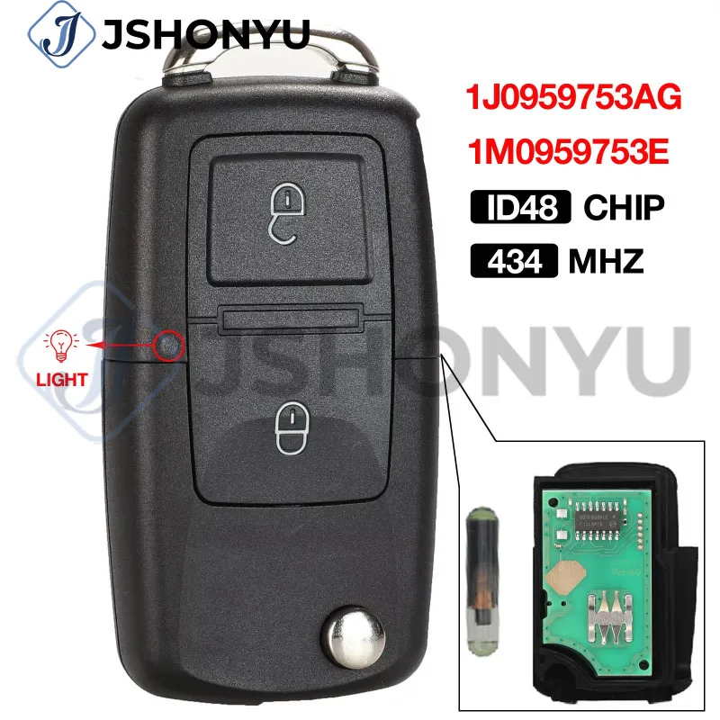 

JsHonYu 1J0959753AG 1M0959753E 434MHz ID48 Chip Flip Remote Key for VW Beetle Bora Golf Passat Polo Transporter T5 Fob